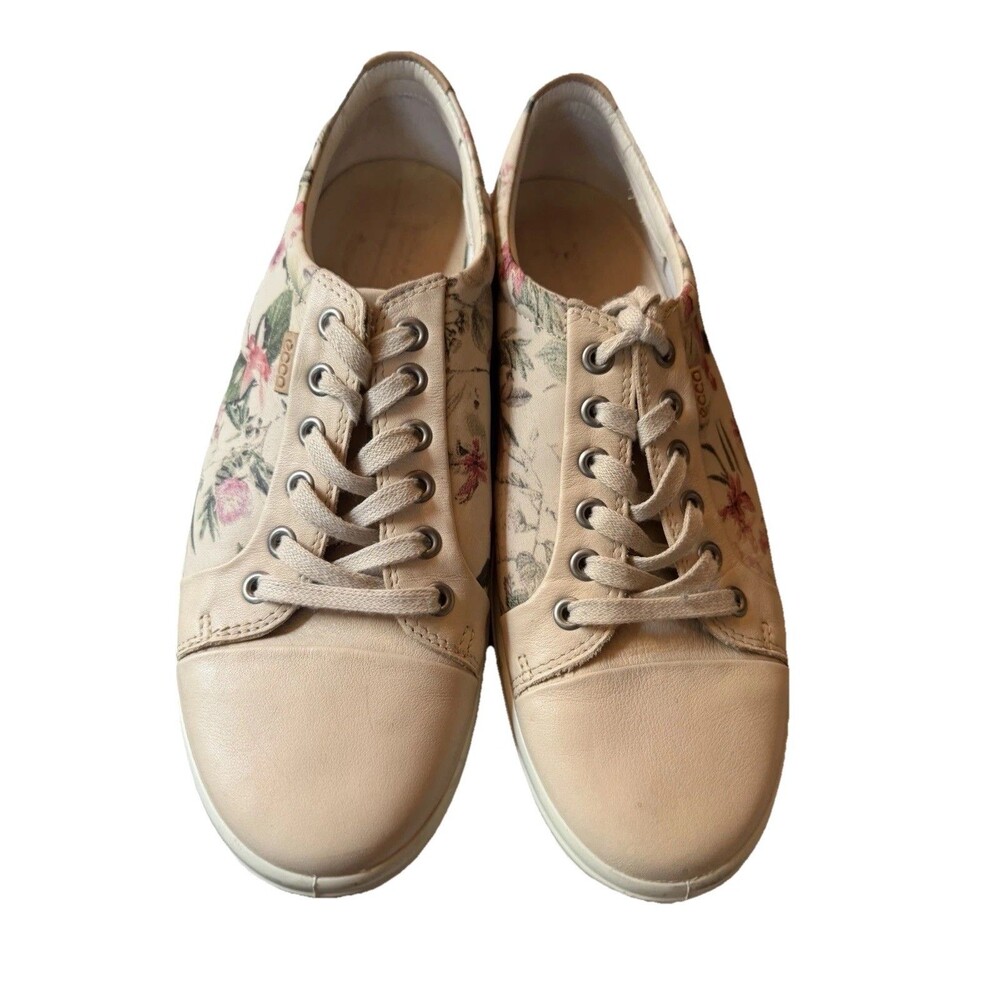 ECCO Shoes Womens Eu 41  US 10-10.5 Beige Floral Leather Lace Up Casual Comfort